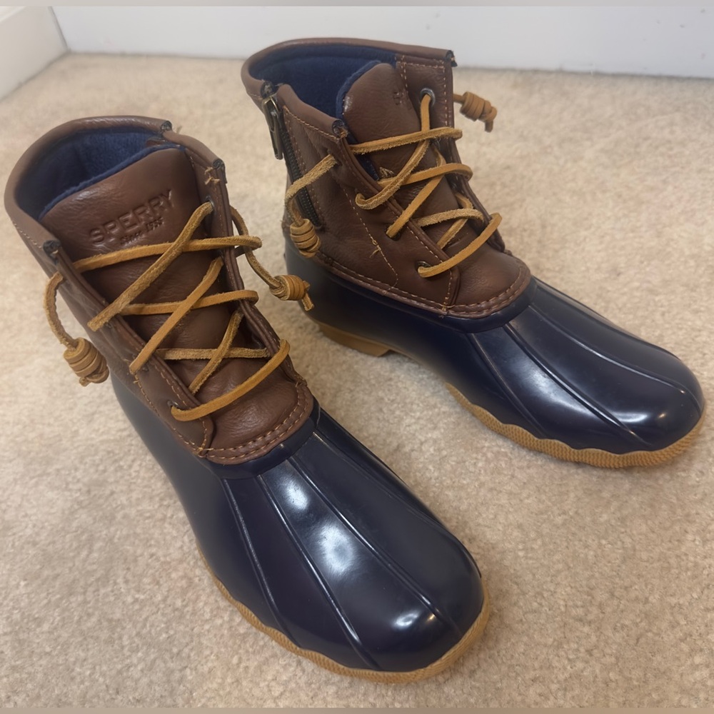 Sperry Top-Sider Saltwater Waterproof Duck Boots Navy & Brown Kids Size 3 Unisex